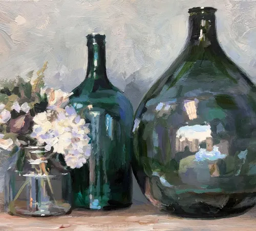 Vase of flowers and two glass jugs 